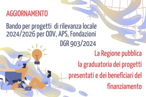 Bando DGR 903/2024: pubblicata la graduatoria dei progetti finanziati per Odv, Aps e Fondazioni del Terzo Settore